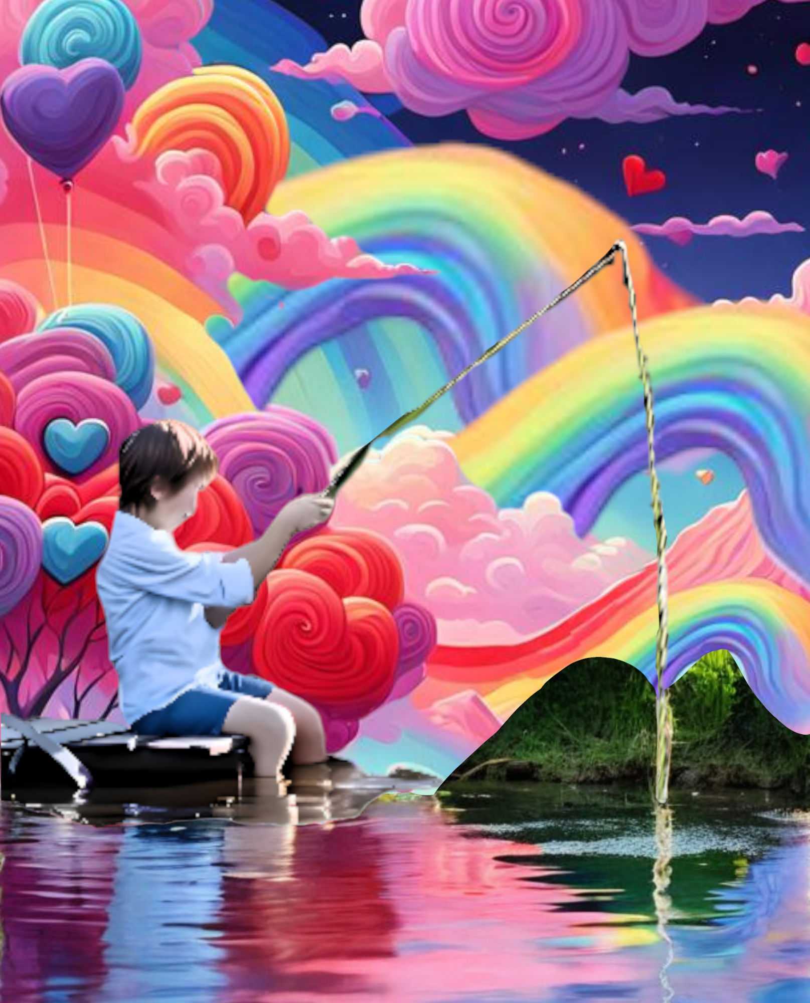 A gray tabby cat wearing only denim bib overalls, a red shirt, and black sunglasses sitting on the edge of a reflective rainbow pond holding...