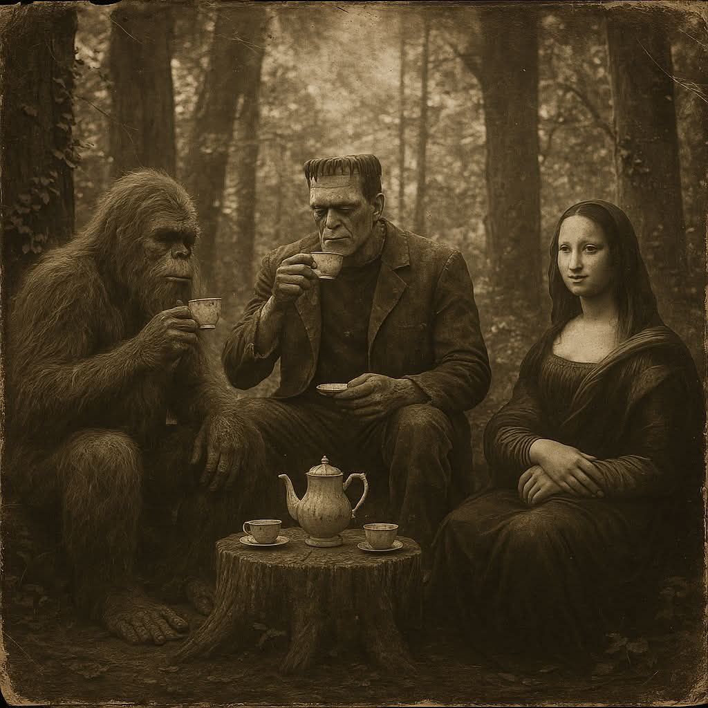Vintage style video camera static , A group drinking tea in a forest the woman pours more tea