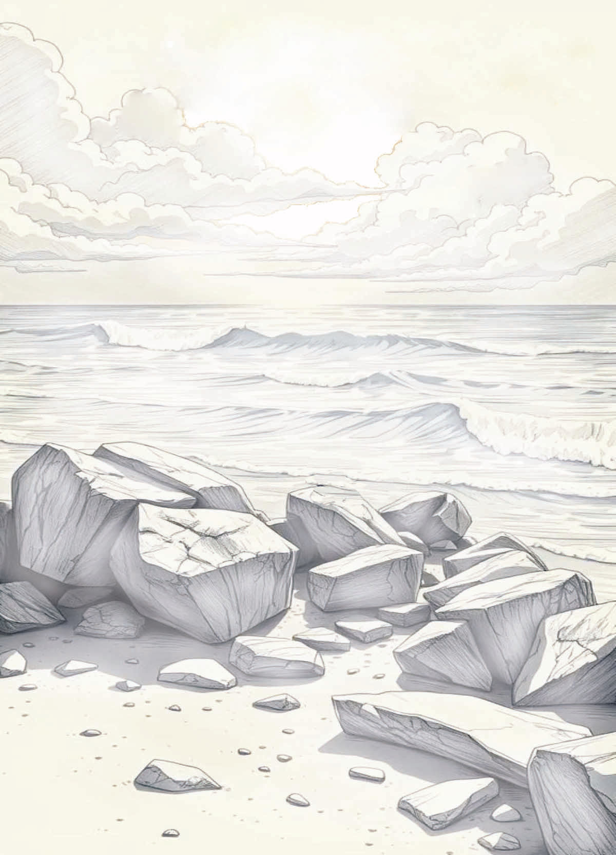 detailed,vivid,vibrant,deep sea blue and earth hues, watercolor painting of rocks and boulders on a sandy beach STORMY DARK CLOUDS 


