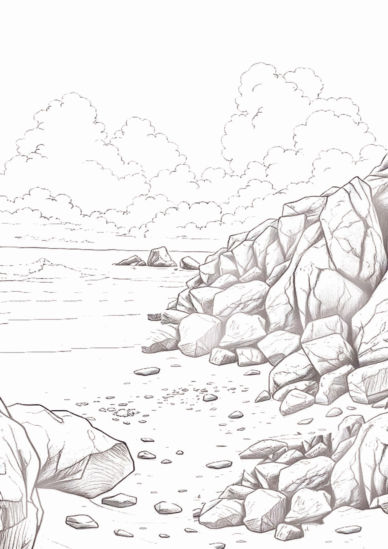 detailed,vivid,vibrant,deep sea blue and earth hues, watercolor painting of rocks and boulders on a sandy beach bright skies  and light clou...