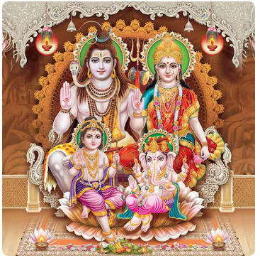 Lord Shiva family, detailed, Indian painting style. 