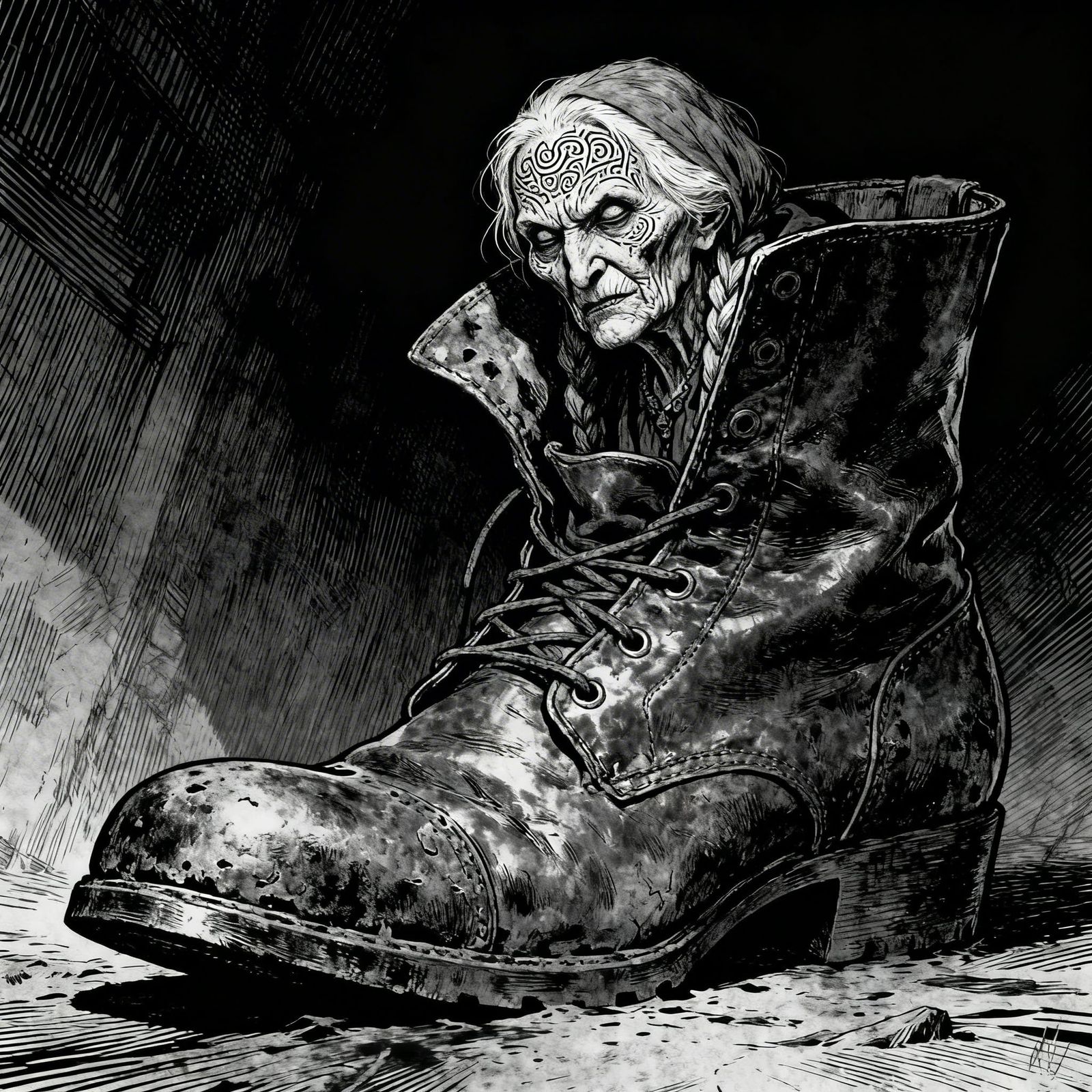 Old woman starts rising out of the shoe. She turns her head toward the camera. Screams and points her finger at camera. ...