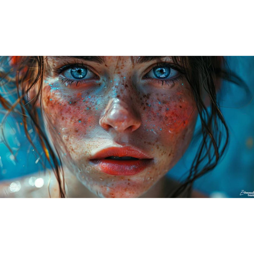 A close-up portrait of a young woman with intense, piercing green eyes. Her face is lightly speckled with golden freckles, and her wet hair...