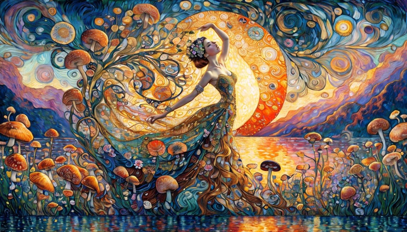 Full body beautiful woman dressed. Klimt style with a beautiful and very detailed face,style of Jean-Baptiste Monge, dancing in a lake, van...