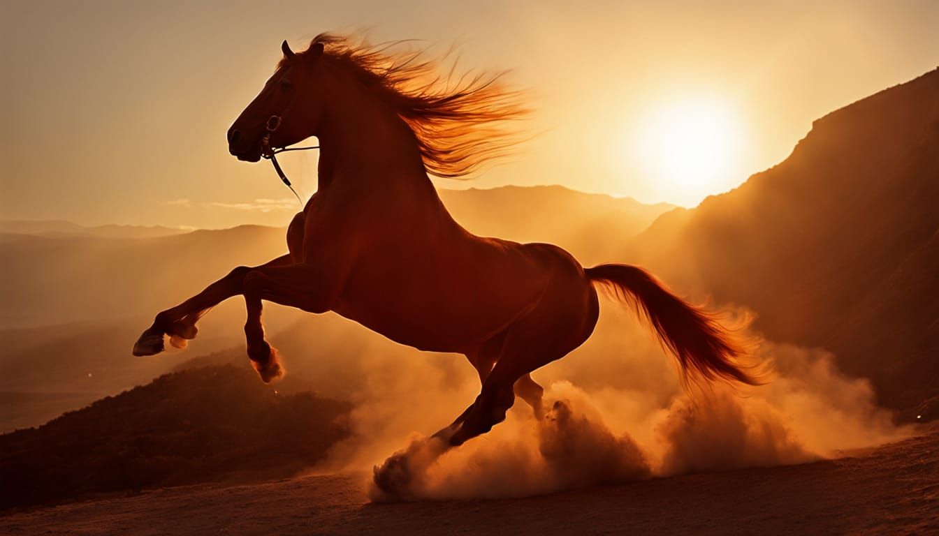 The camera follows the horse's descent from behind. Below, the sea is a shocking, deep ruby red. The waves are large and rolling, catching t...