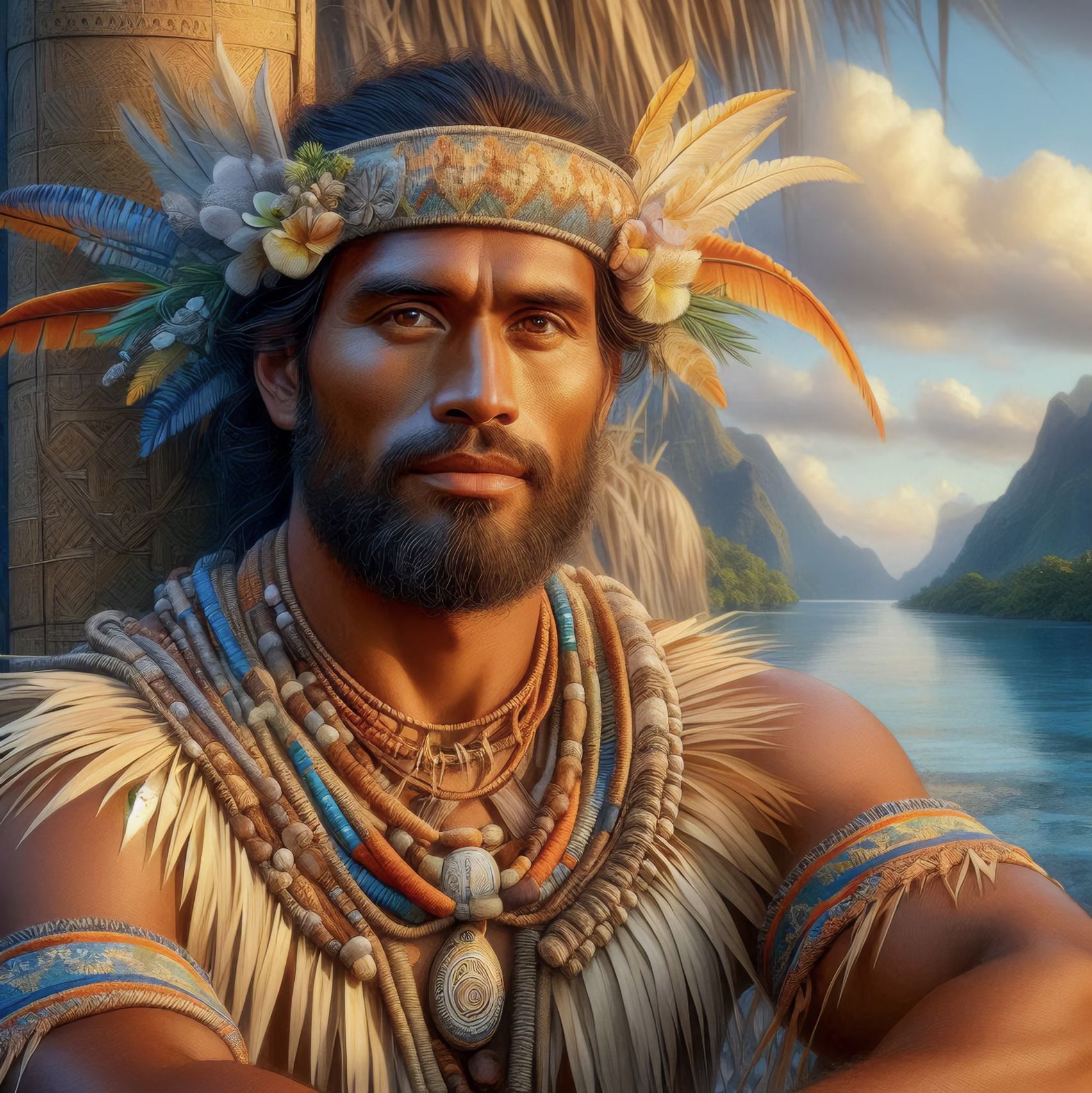 "Create a hyper-realistic portrait of a Polynesian man in a traditional setting. The man should have a strong, detailed facial structure wit...