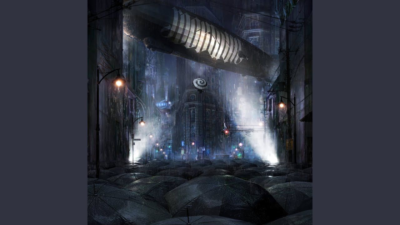 A massive zeppelin hovers over a decayed, dystopian city at night in the year 2050. The city is crumbling, with broken skyscrapers, shattere...