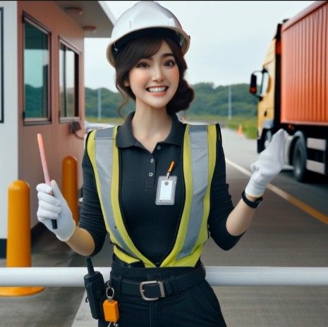 A cheerful pretty female Traffic Marshall doing small talk as she waves her traffic wand.