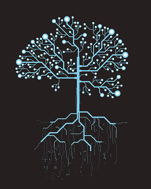 white paint on black background create a line art representastion of a lgic tree in a gale growing from 8 logic roots