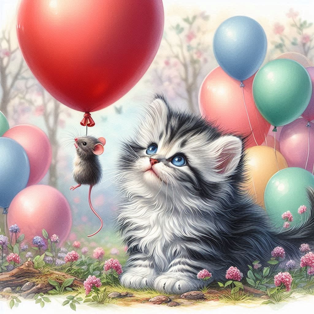 kitten moves, kittens eyes move, balloon floats up with the mouse, mouses tail moves, balloons in the back move
