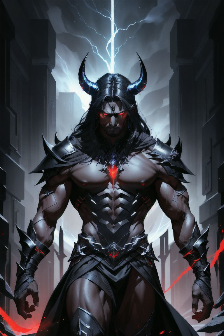 a dark, imposing, demonic figure standing with a commanding presence. He is a muscular, humanoid character with sharp, angular features, glo...
