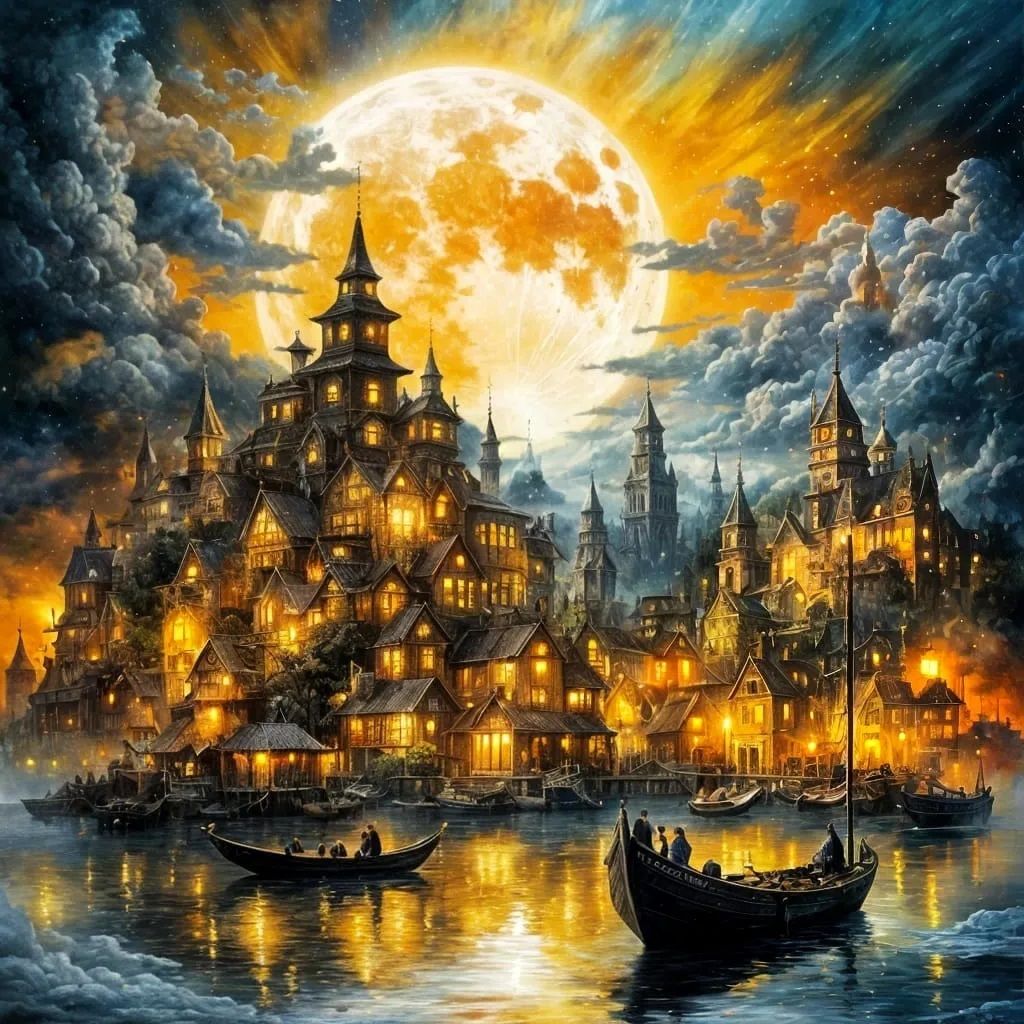 painting of a river village with architecture style mix of Byzantine, Gothic, and Romanesque styles., An ethereal image showcasing a lumines...