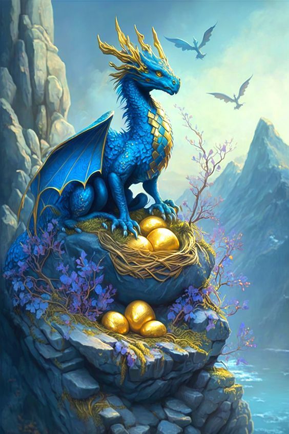 A surrealistic digital artwork featuring a serene a beautiful dragon setting on golden egg in nest, beautiful landscape in right side backgr...