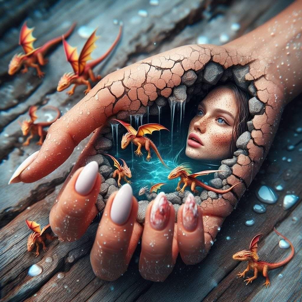 A surrealistic digital artwork, a lady face inside a big cracked  hand laying 