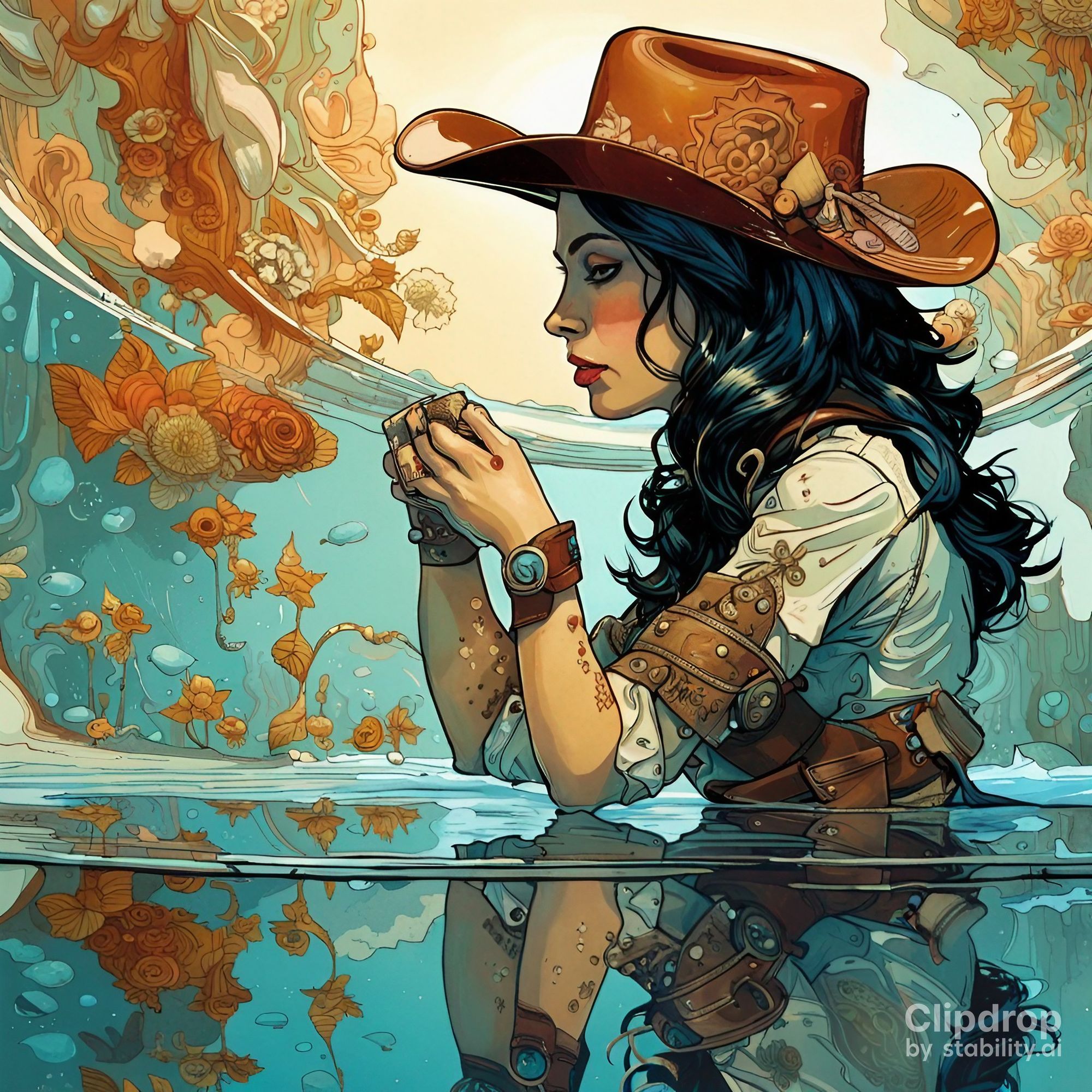cowgirl water reflection portrait