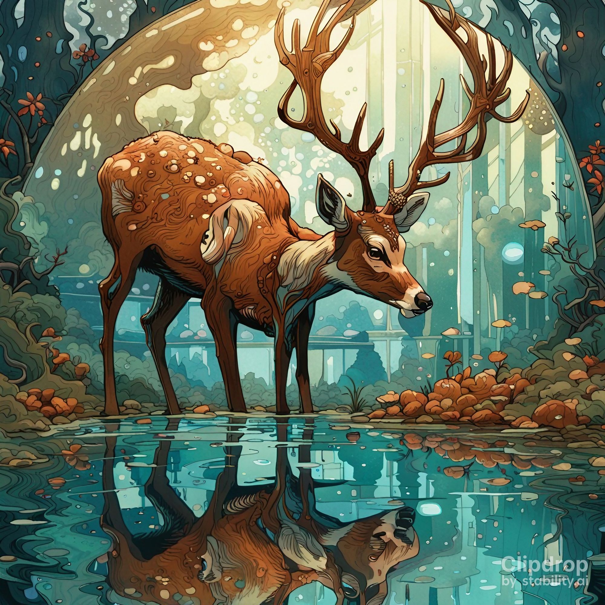 deer water reflection portrait