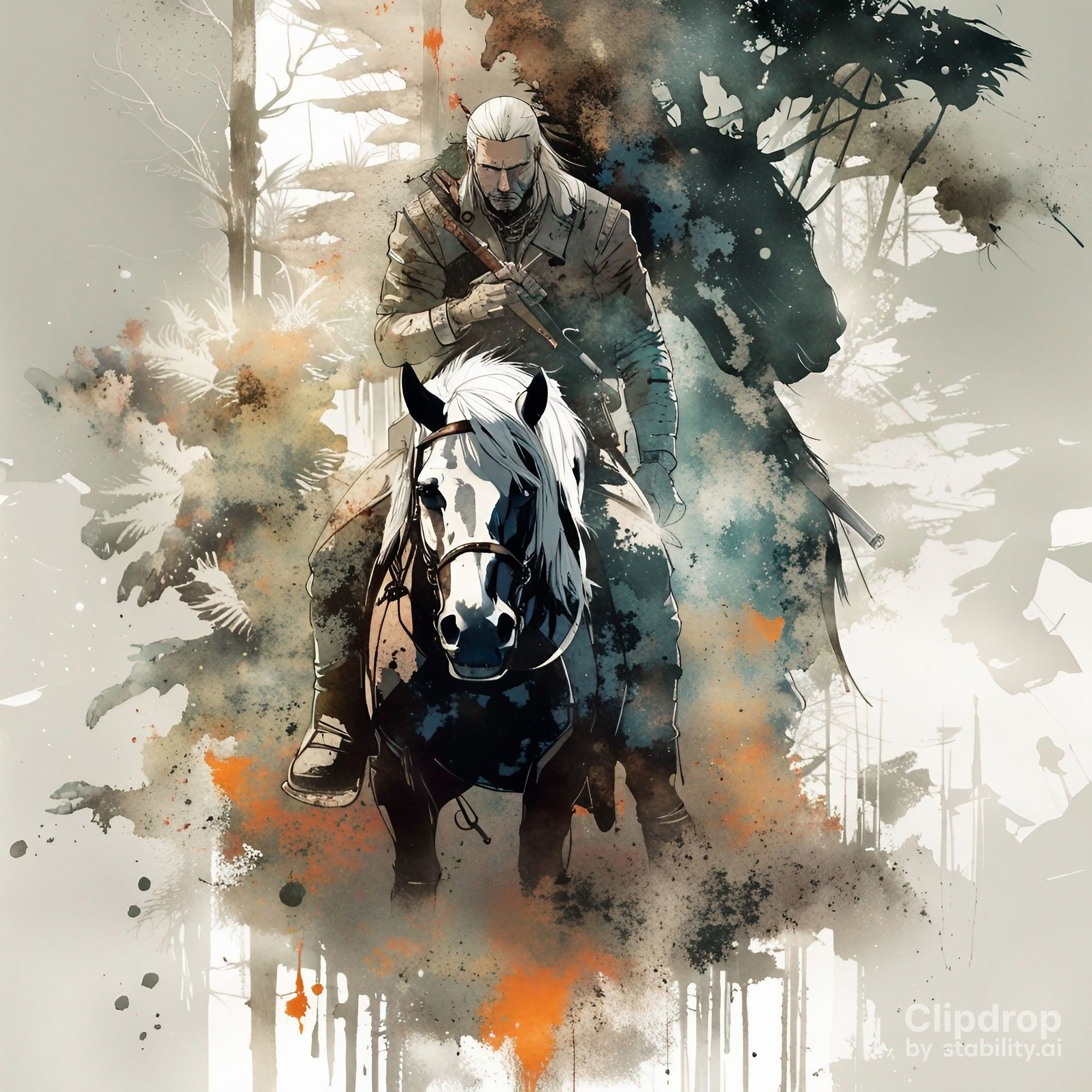 witcher and horse double exposure
