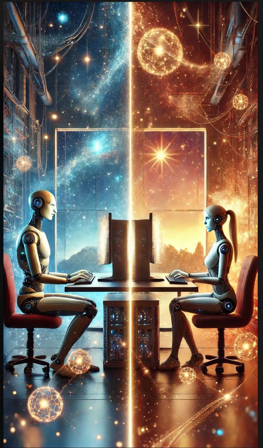 A male android  and female human sitting at computers, depicted in a magical, fairy-tale style. The androids have subtle robotic elements, w...