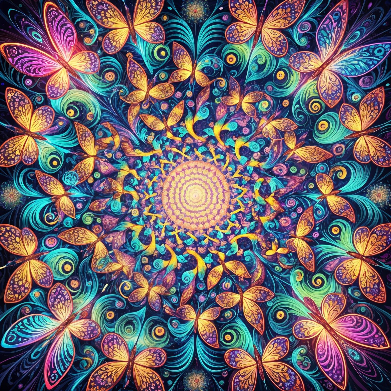 A swirling mandala of butterflies in flight.
Their wings form intricate symmetrical glowing spirals.
Each color radiates...