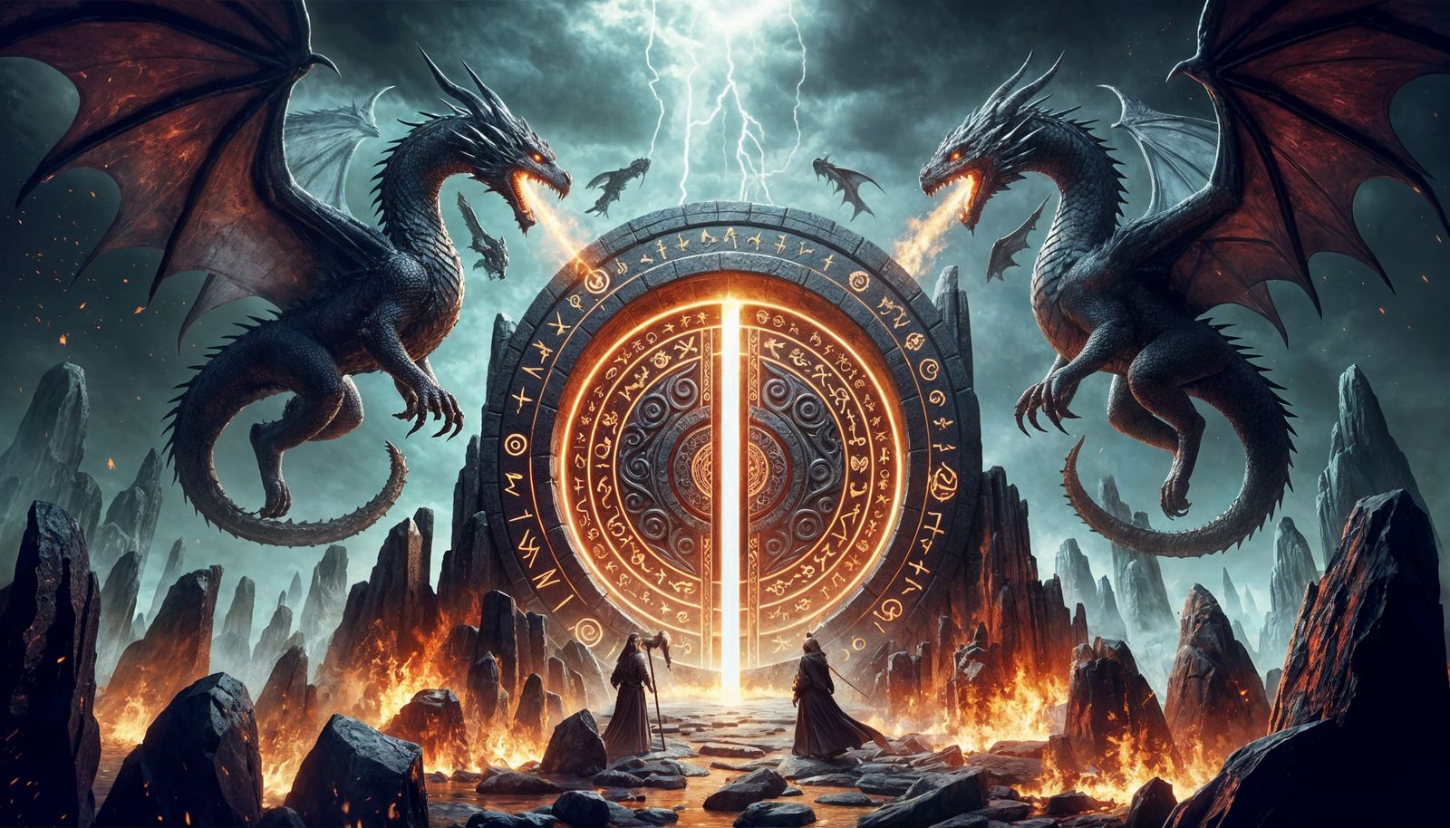 Dragons circle a portal forged in obsidian. Flames flicker around the rune-etched doorway. The sky fractures above the s...
