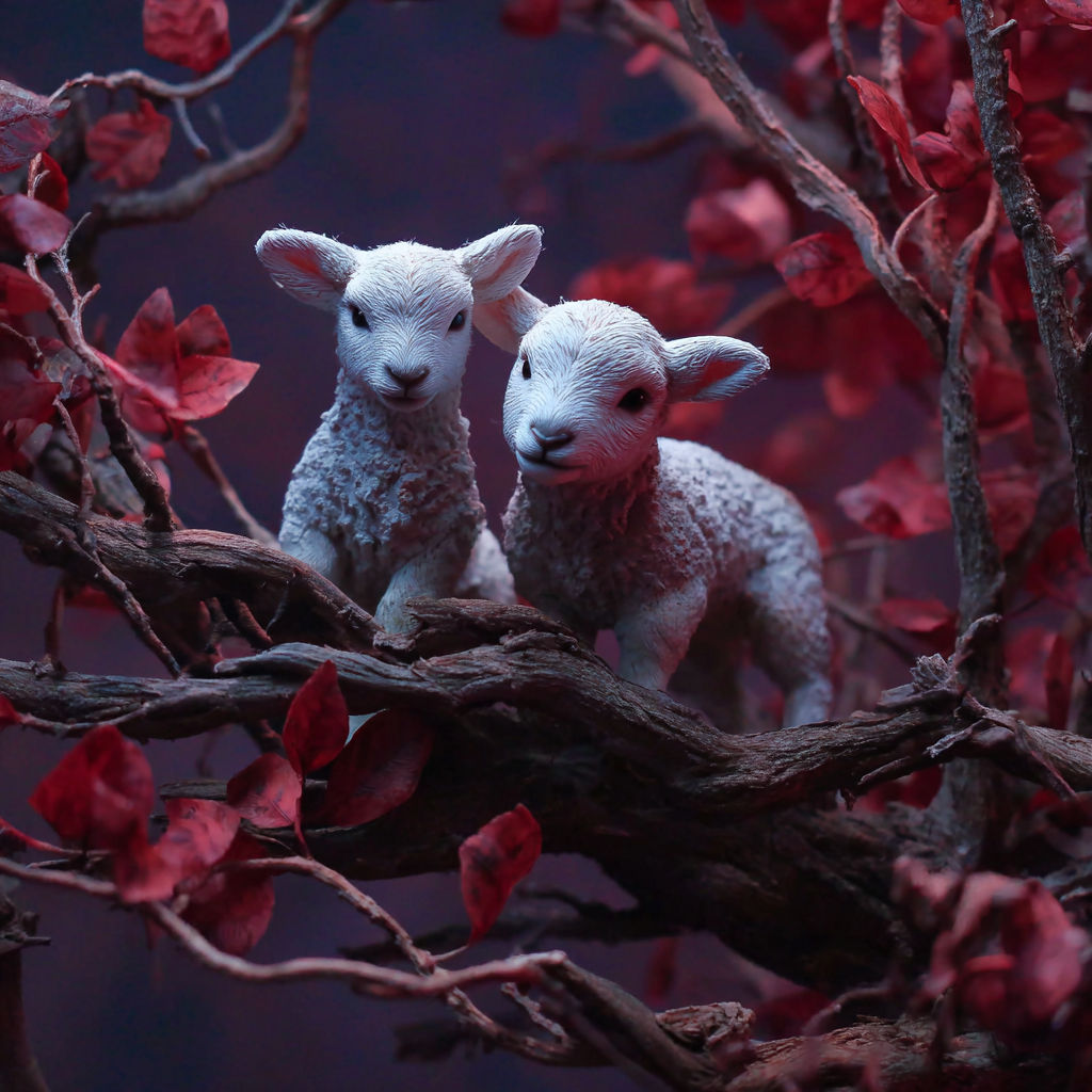 Tiny lambs cling nervously to gnarled twigs.
Dusky twilight sky deepens their quiet anxiety.
Crimson leaves rustle with whispered ominous wi...