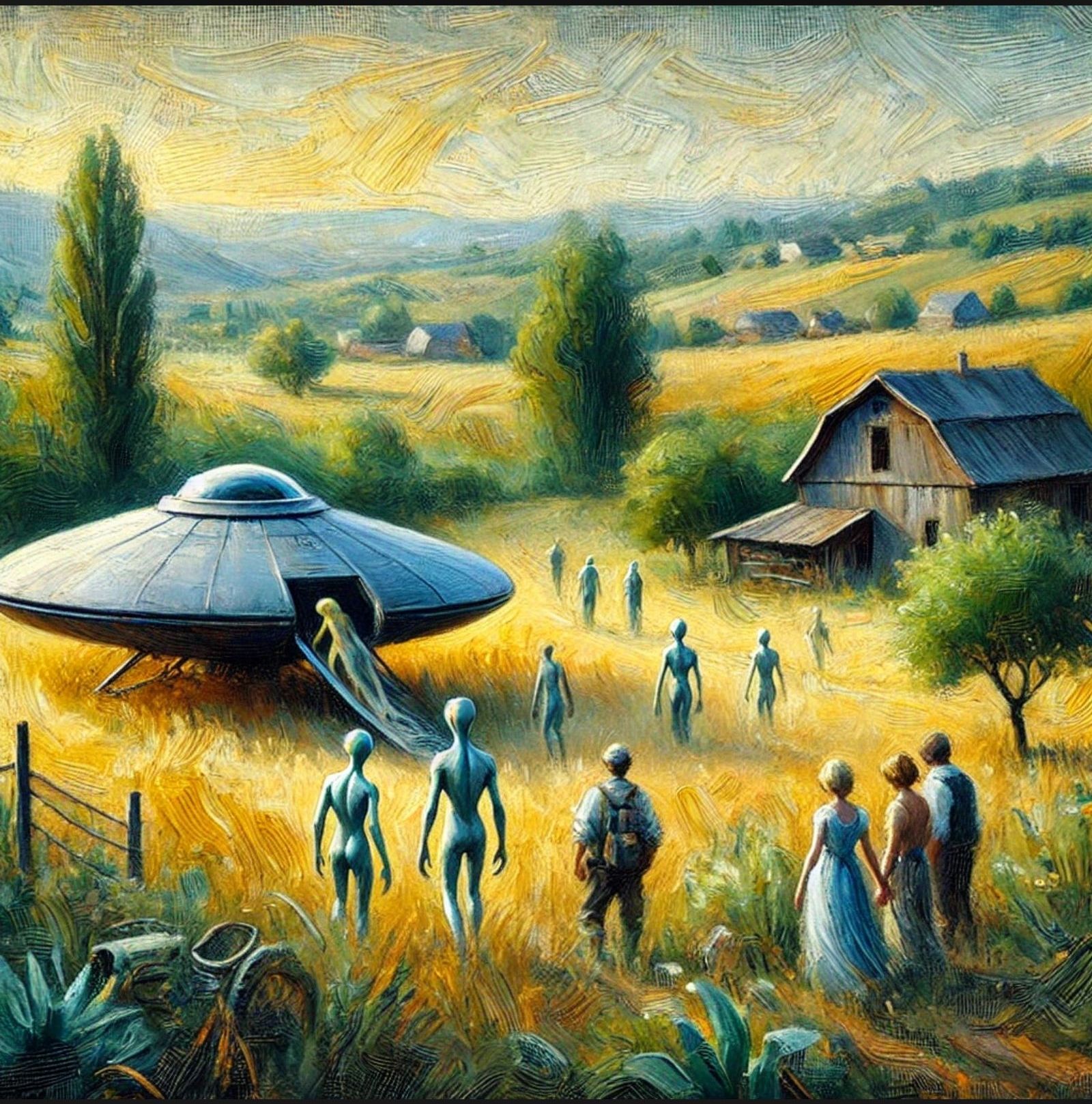 Aliens emerging from a spacecraft in a rural setting, curious humans observing from a distance. 