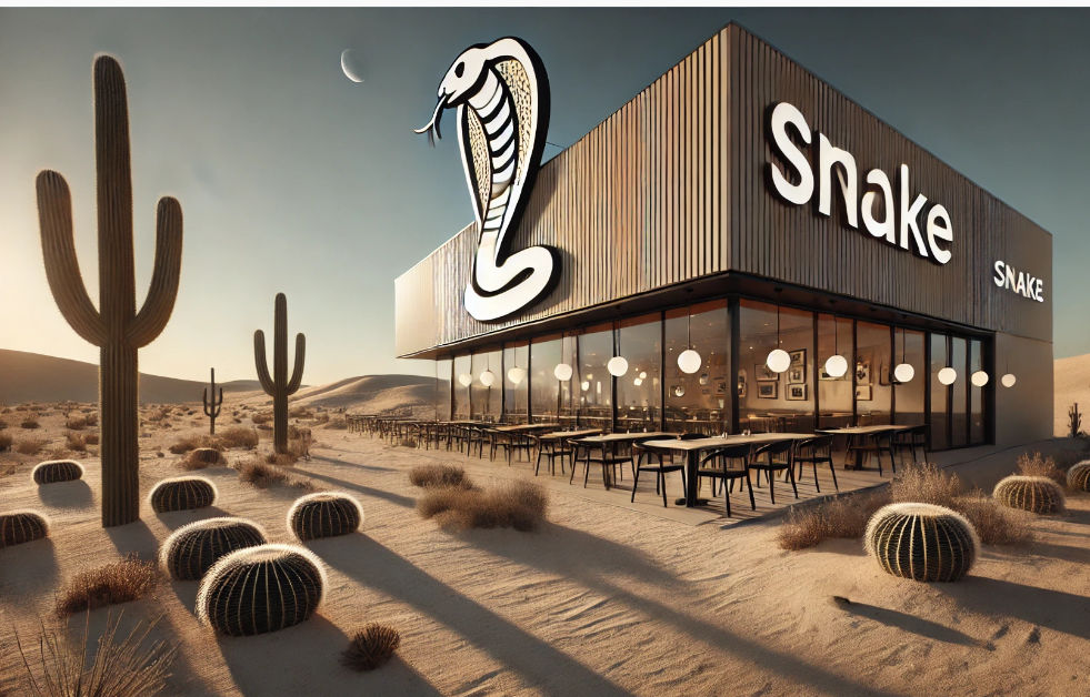 A restaurant called 'Snake' located in a desert. The building has a modern design with sleek lines and large glass windows. The exterior fea...