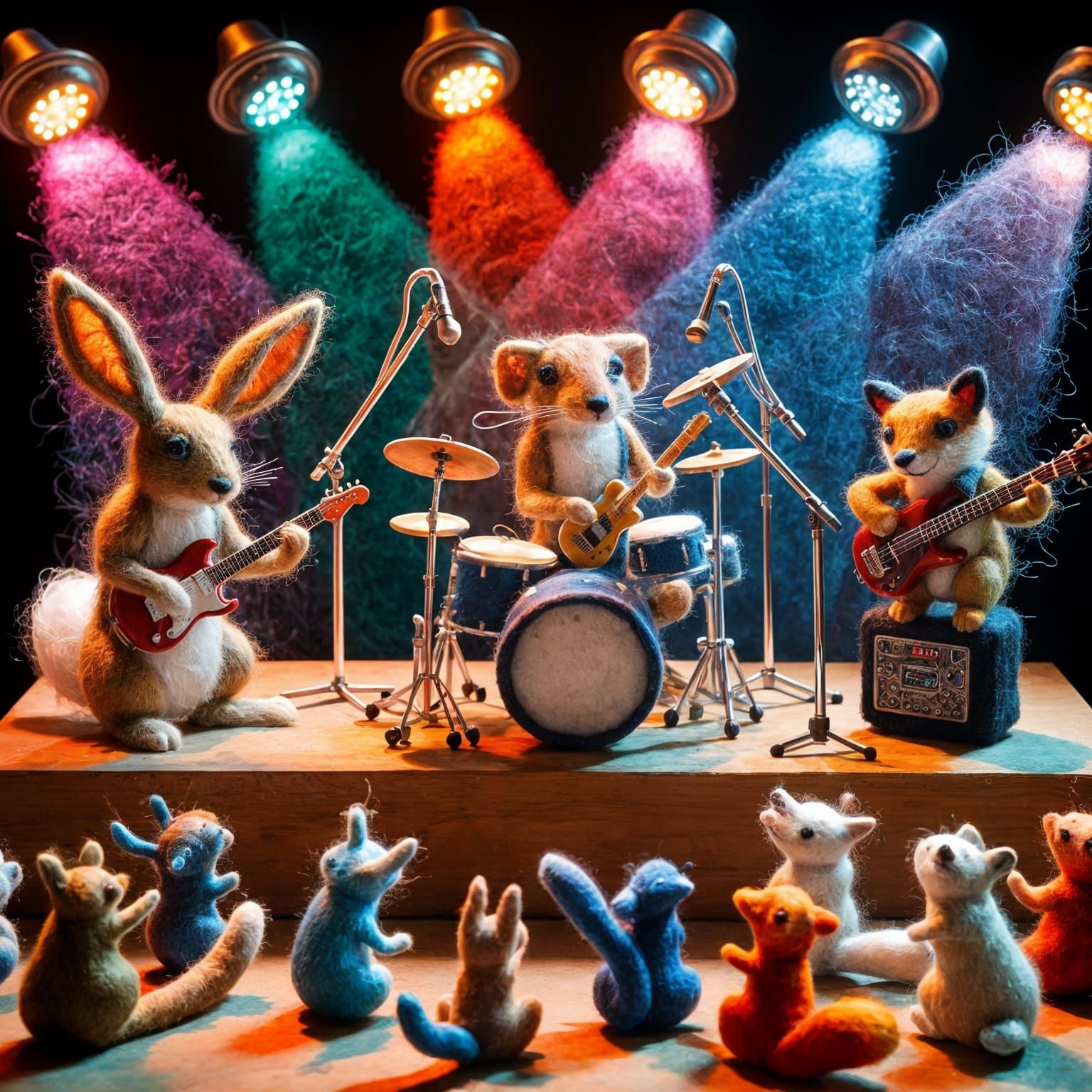 An enchanting scene on a miniature concert stage featuring a rock band of hand-felted animals. See the band in dynamic poses: a Hispanic mal...