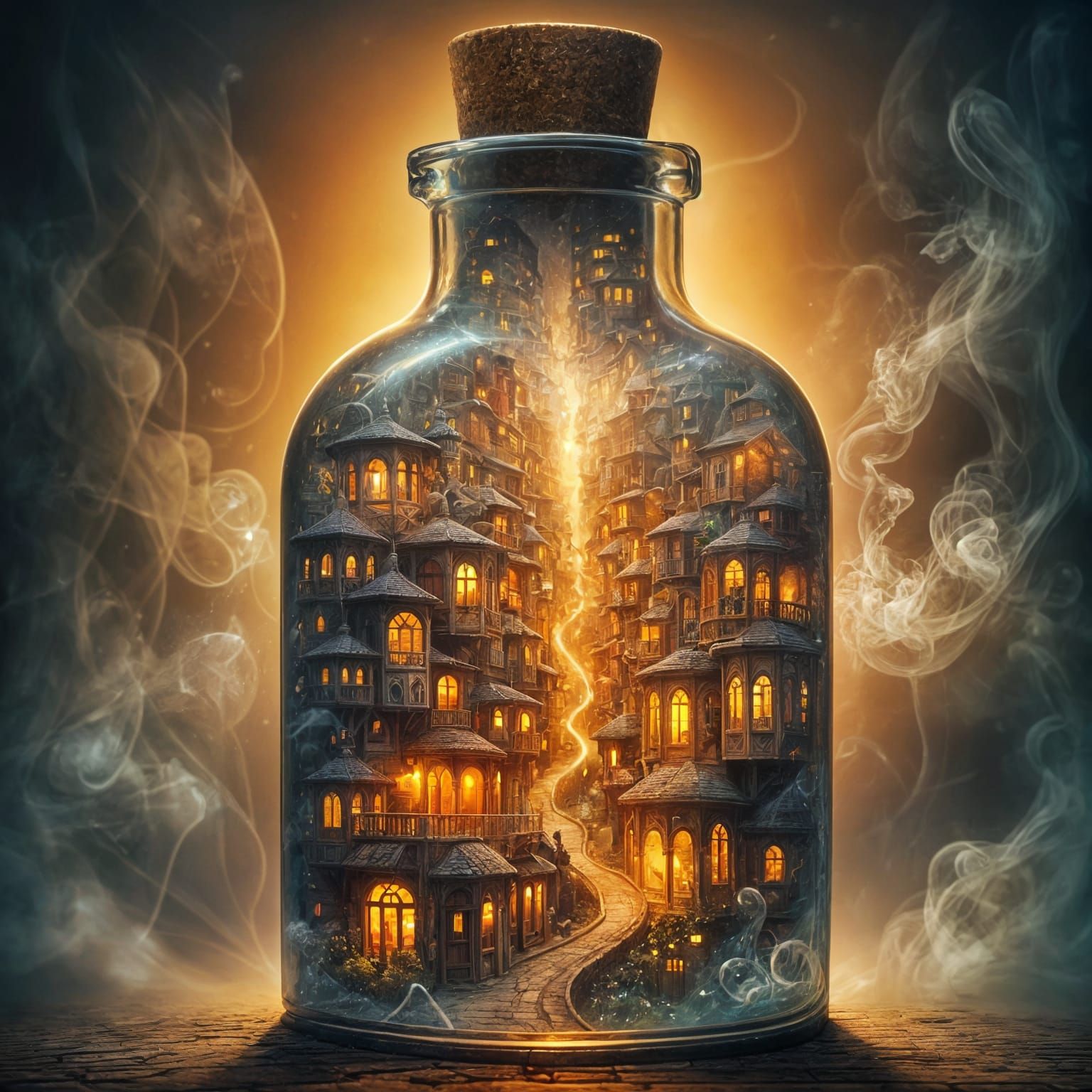 The observer enters the bottle and walks down the street, then enters a house through the window.