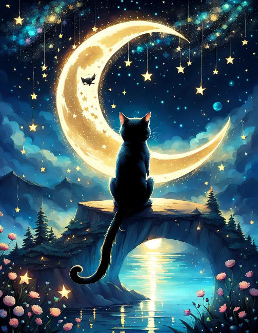 Crystal sculpture of a cat sitting on a rooftop, gazing at a crescent moon, with intricate crystal details and a glowing night sky.

