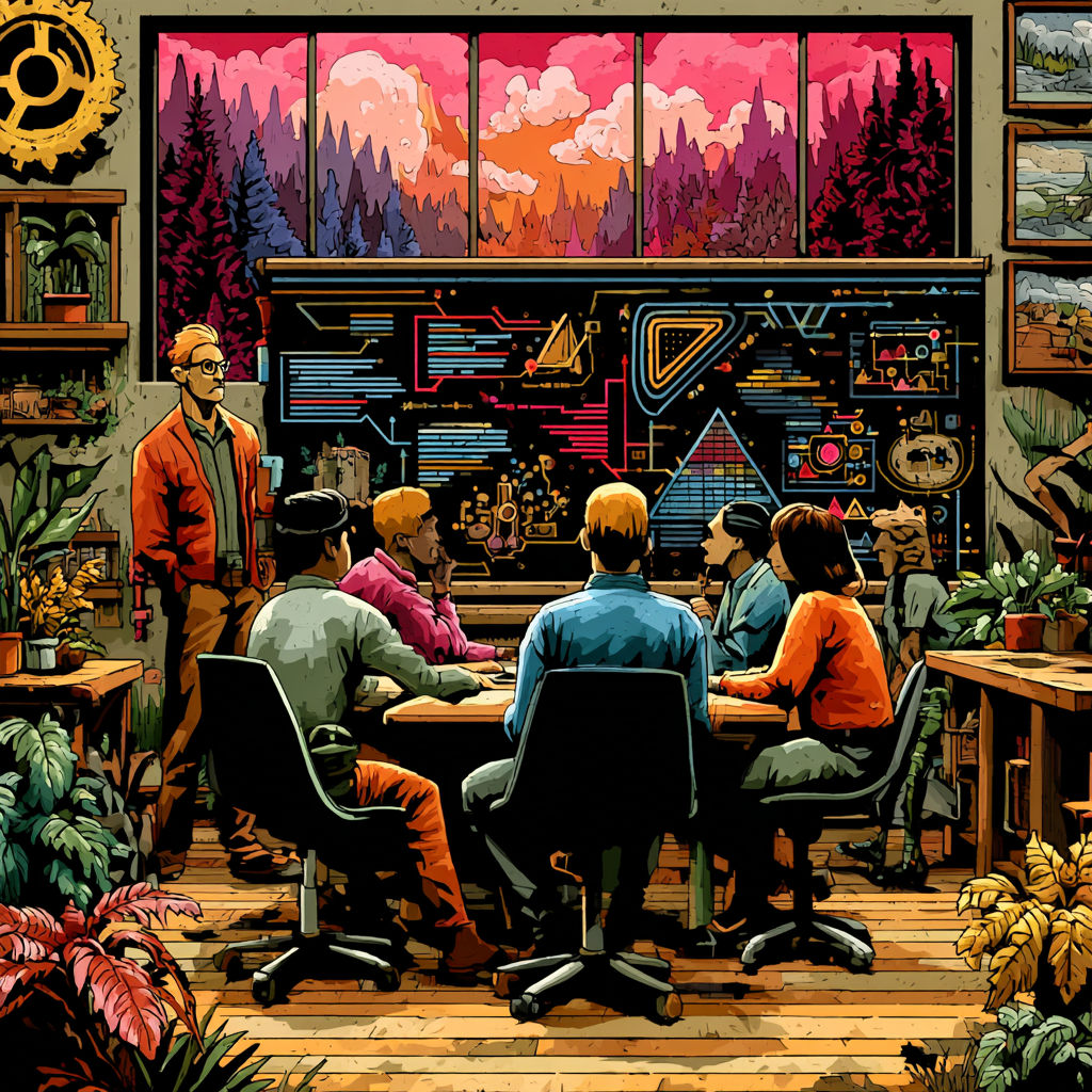 A diverse tech team gathered around a digital whiteboard, with multiple hands contributing to draw architecture diagrams...