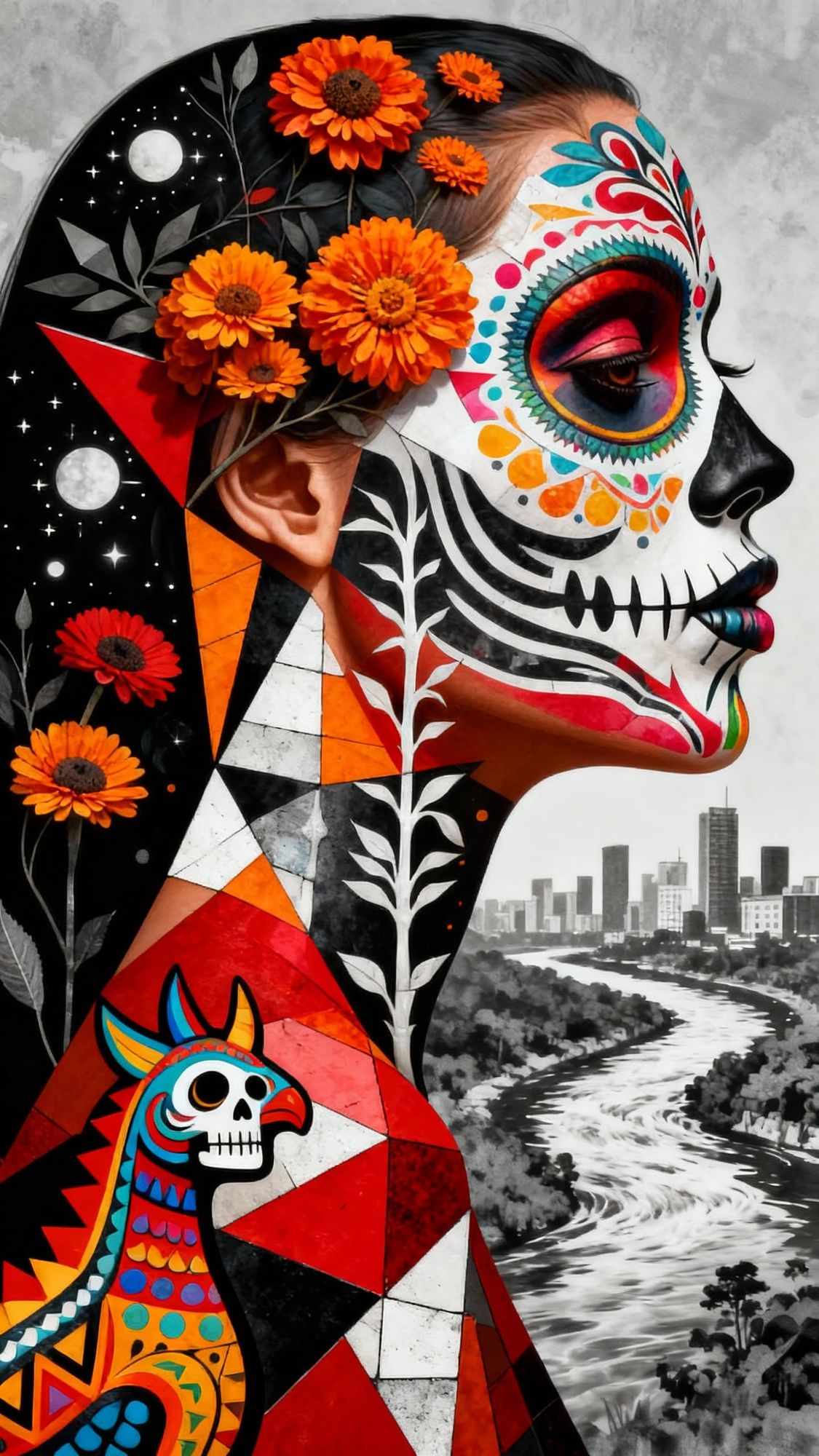  Surreal night time dreamscape. Close-up. A lake of colorful non-Newtonian fluids forms a rippled shape of a Christmas tree surrounded by sk...