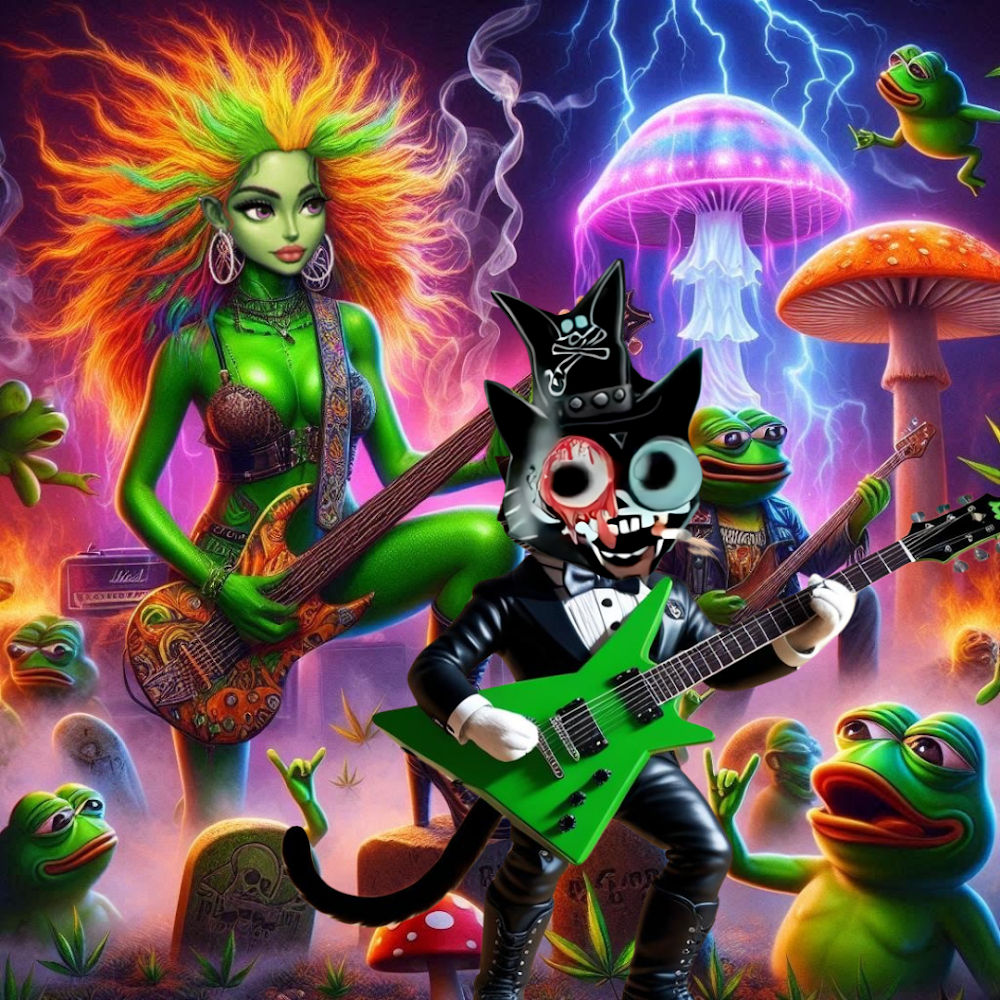 two characters playing fun music on their guitars, dancing to a beat, friendly smile to eachother