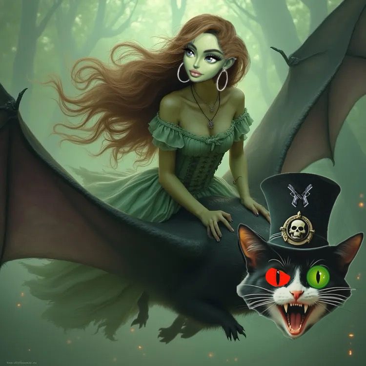 a beautiful girl with european facial features, sitting on a flying vampirebrat. the girl is slowly and carefully lookin...