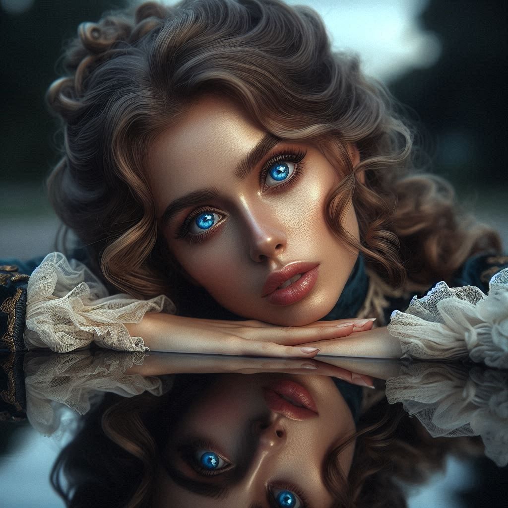 Blue eyed Beauty and her reflection in the water 