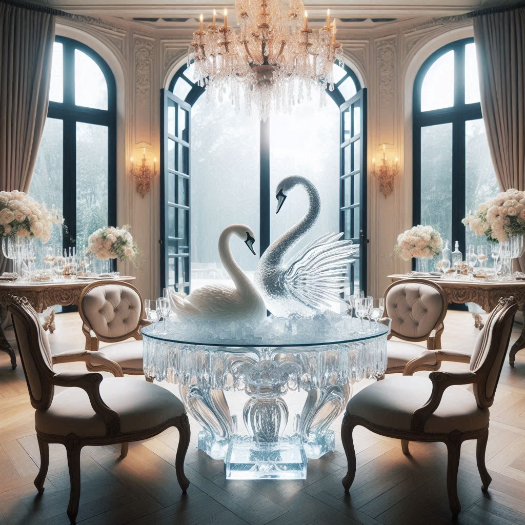 A castle dinner centrrpiece of ice sculpture swans