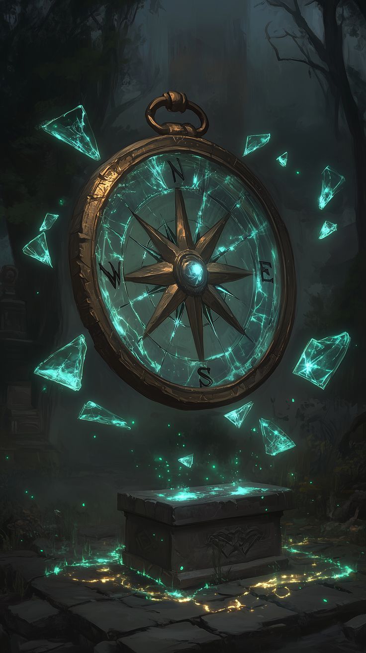 Ancient magical compass floating above a stone pedestal, glowing blue shards and fragments suspended in the air, intricate glowing runes, en...