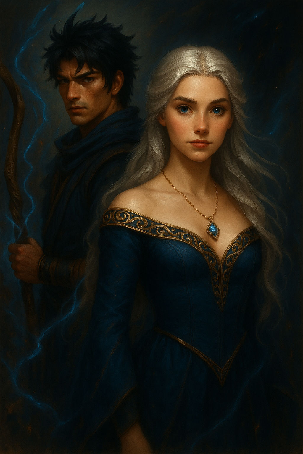 Uma floresta com troncos prateados e altas , em tons azuis escuros como a noite . Raios mágicos e uma bússola quebrada na parte lateral. 
To...