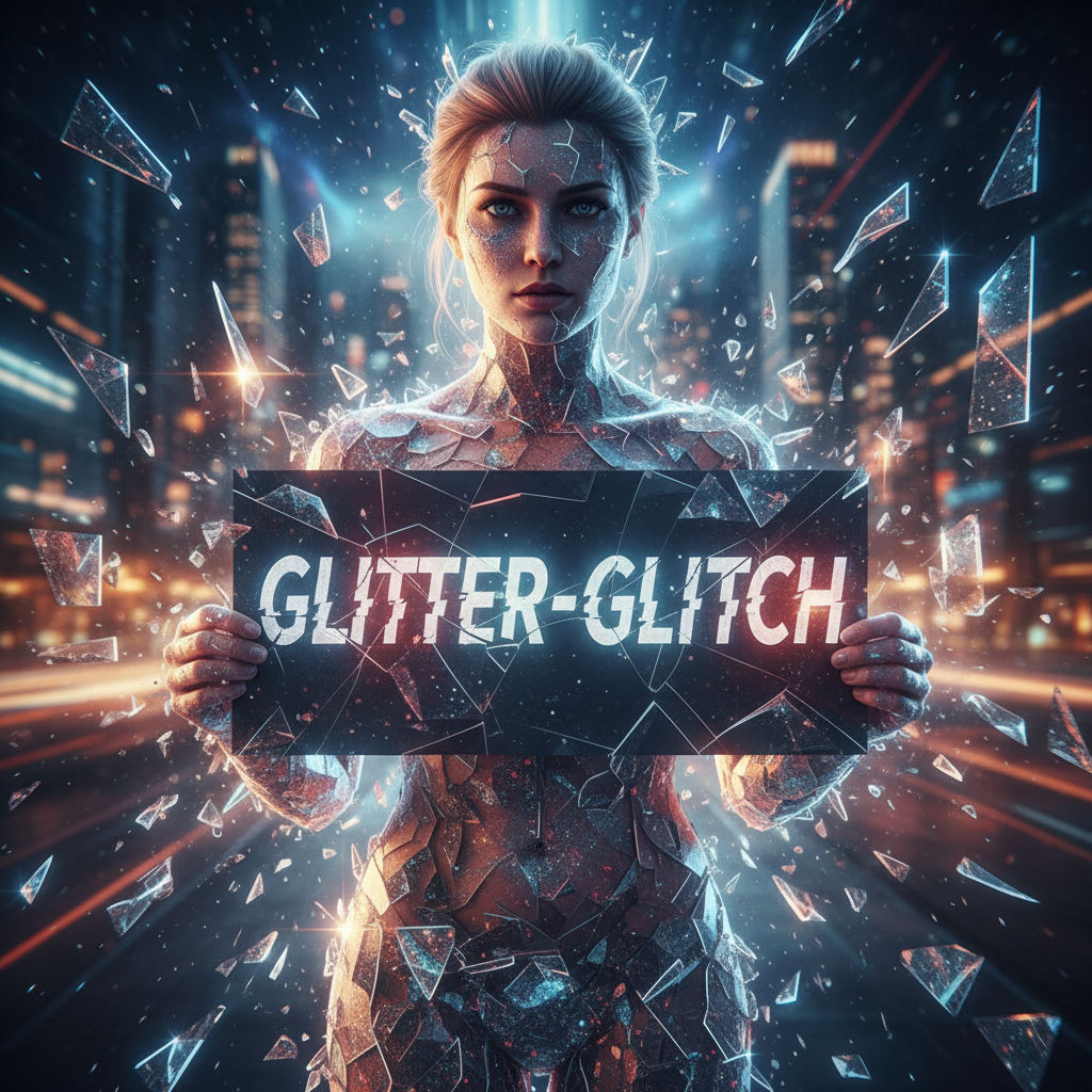 A futuristic woman, composed of intricate shattered glass and crystalline fragments, and exploding glass shards and glowing particles, again...