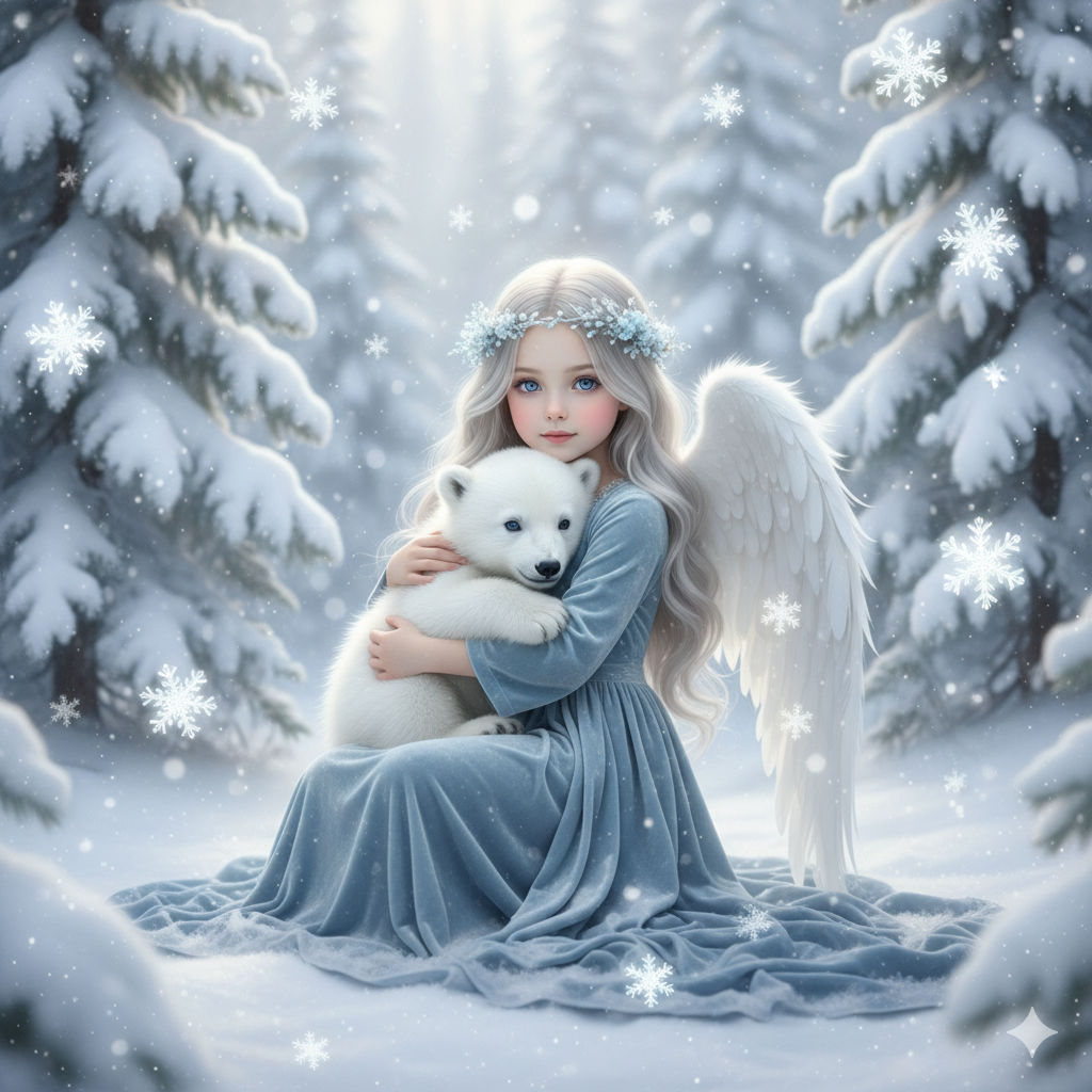 A hyperrealistic, ethereal image of an angelic girl with long silver-blonde hair, blue eyes, and large white feathered angel wings, wearing ...