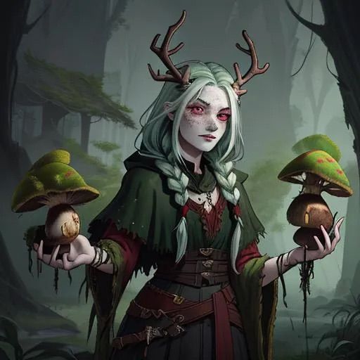 Human female early 20s, grey white skin, freckles, swamp green hair with braids, trinkets in hair, dark red eyes, vampire eyes, Druid, spore...