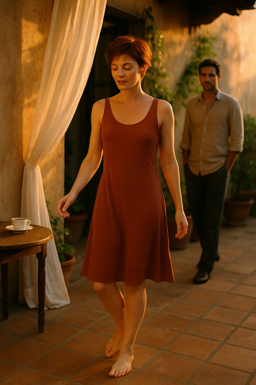 frau tanzt alleine, mann kommt lächelnd näher zu der frau und schaut zu