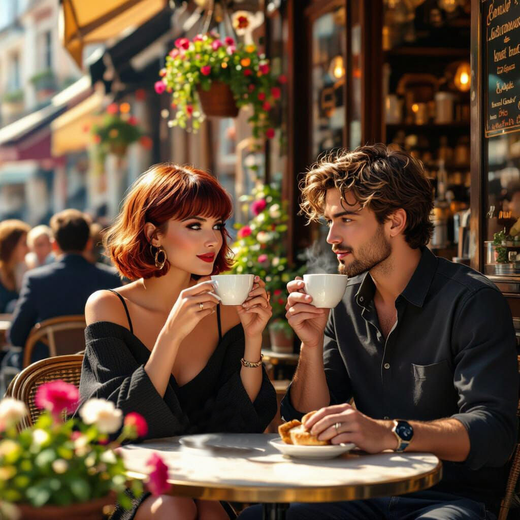 „Subtle camera zoom in on the woman with the red French bob as she softly smiles. Her pose stays natural and relaxed, he...