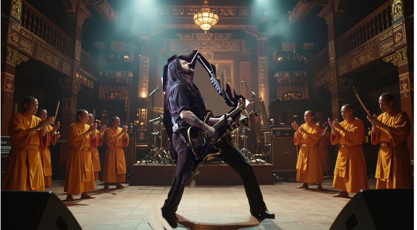 rock band Motorhead in a buddhist monastery. happy monks headbanging. Lemmy. Cinematic film still, shot on v-raptor XL, film grain, vignette...