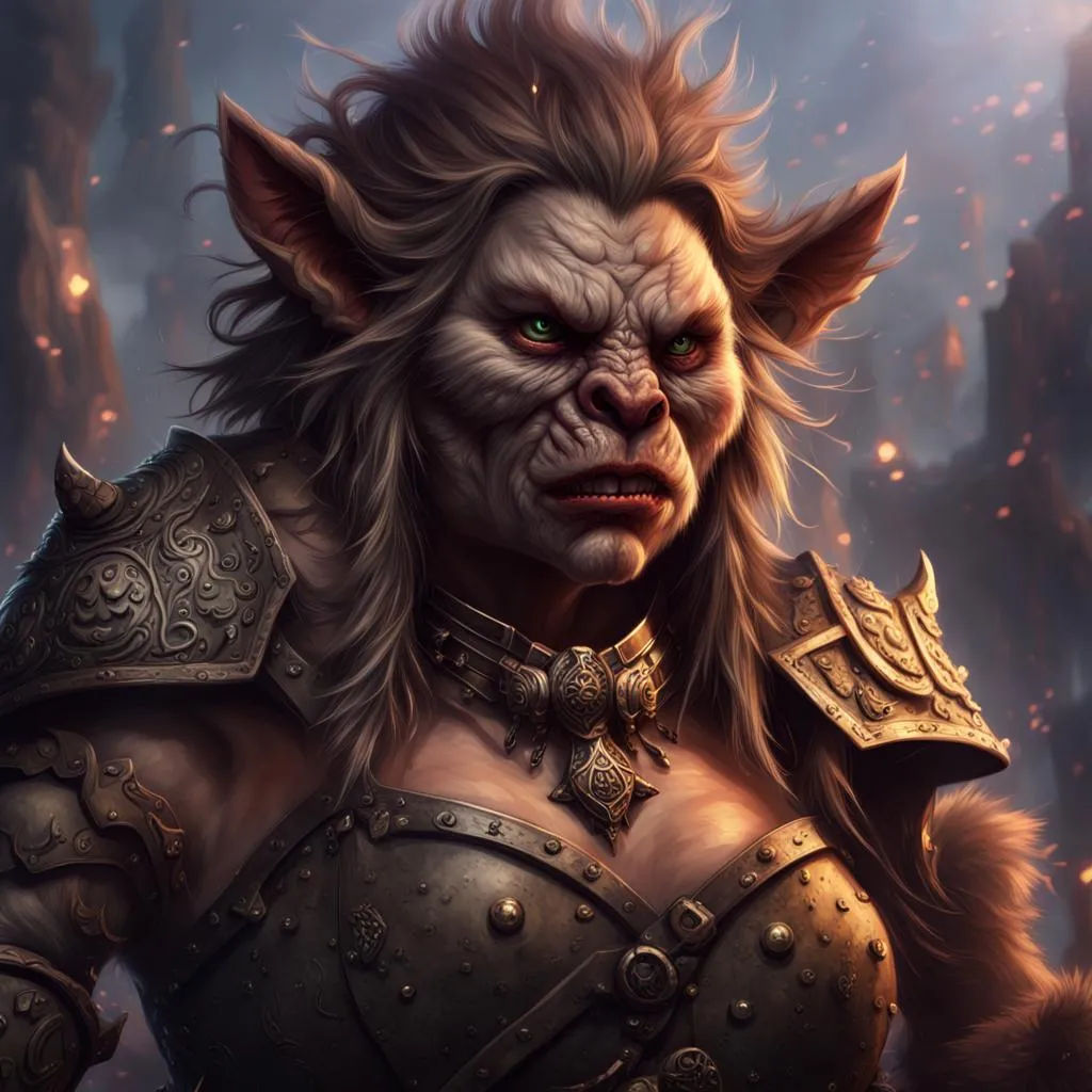 A strong female bugbear warrior with soft features, standing proudly in a cave dungeon