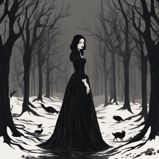 black and white image beautiul woman walking through a forest with her wolves