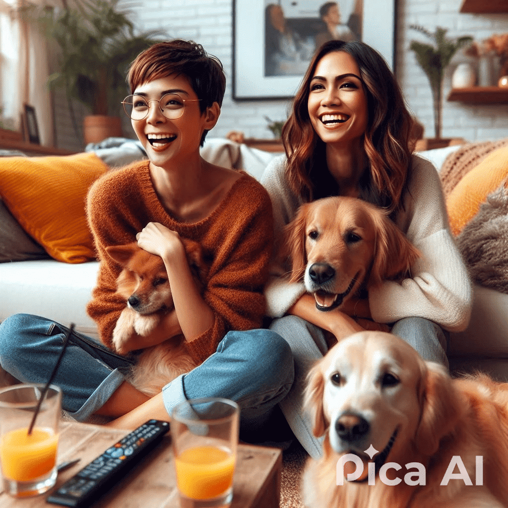 Two happy women, one with short pixie hair and distinctive glasses, the other with long, lush brown hair, sitting cozily on a plush sofa in...