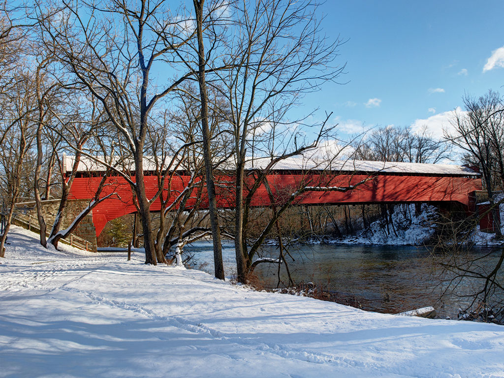 Winter Scene - Red Bridge