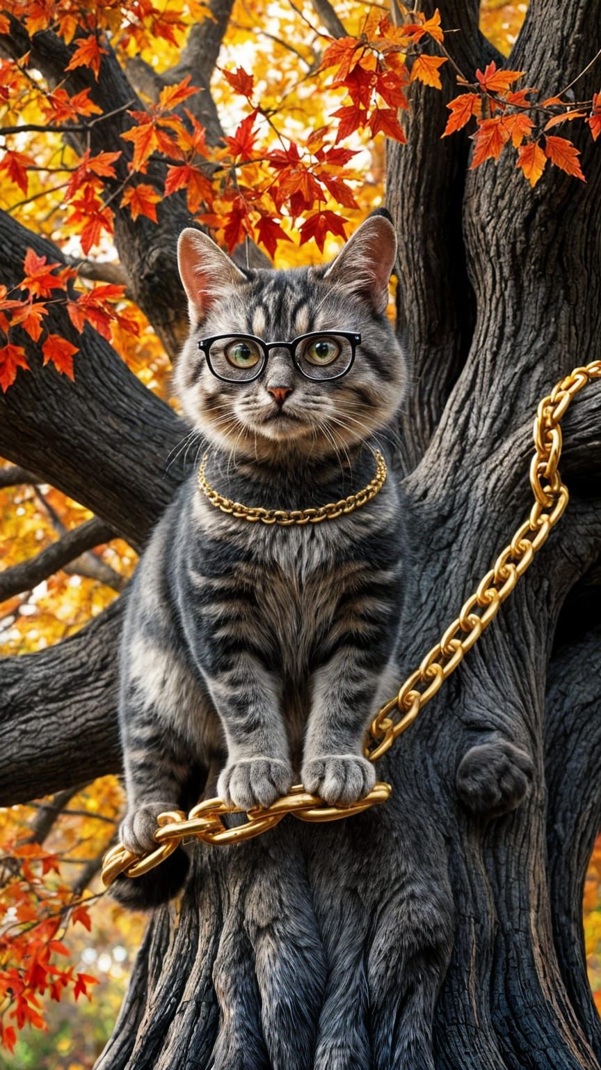 A handsome scientist cat with glasses stands on a thick golden chain, which is wrapped horizontally around a magical oak tree with autumn le...