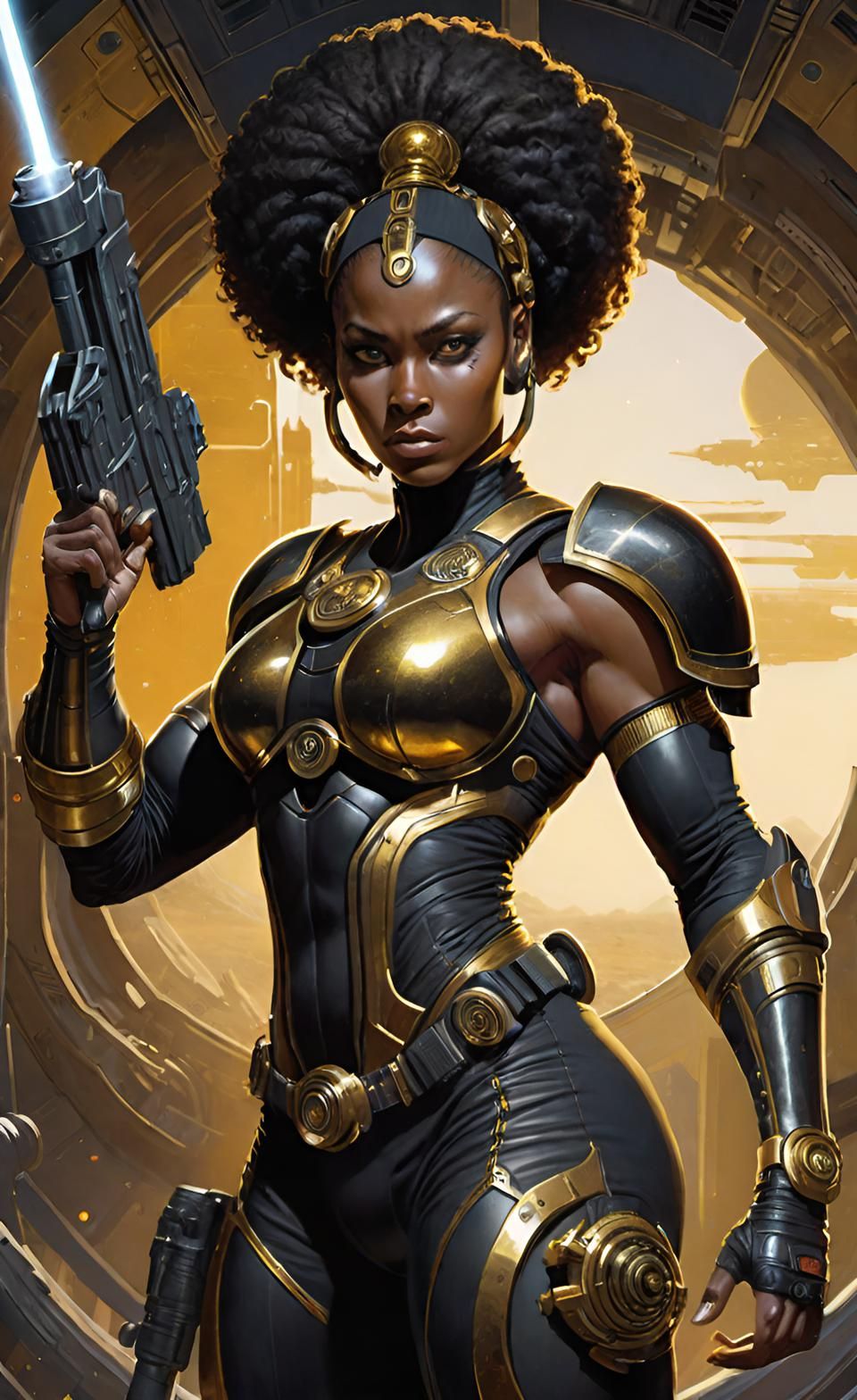 (8K, photorealistic　Raw photography　superior quality;) full body, curly short Hair Girl Soldier gun style in the background, beautiful eyes...